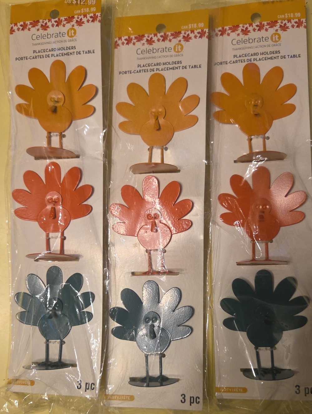 Lot of 3 Celebrate It Metal Turkey Placecard Holders (3-Pack)